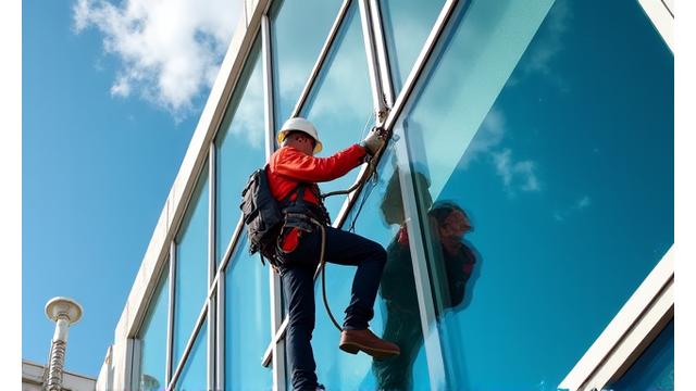 Professional window cleaner on a commercial building